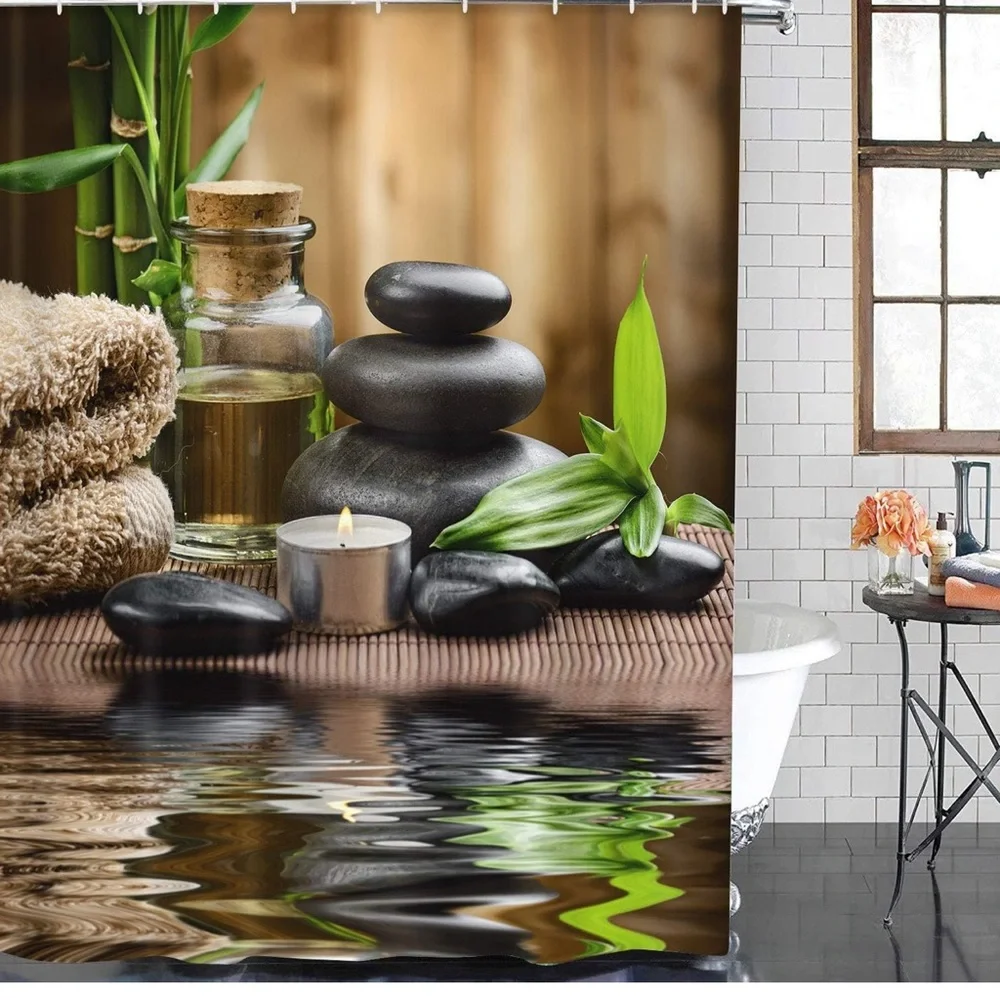 4 Pcs Shower Curtain Set Stones Spa Oil Wood Massage Relax Candle Set 72